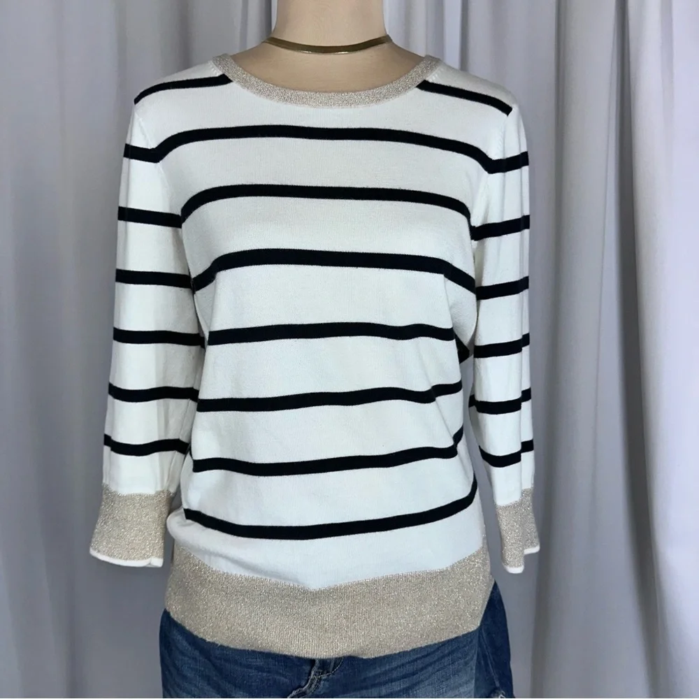 Lands End‎ Women’s Striped 100% Supima Cotton Sweater Sz S 3/4 Sleeve Metalli